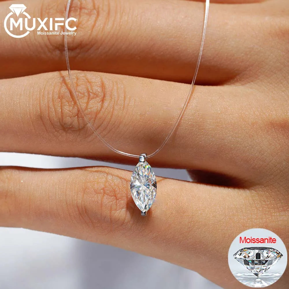 Damen Halskette 925er Sterling Silber, 1 Karat Marquise Cut Moissanit Anhänger mit unsichtbarer Angelschnur-Kette