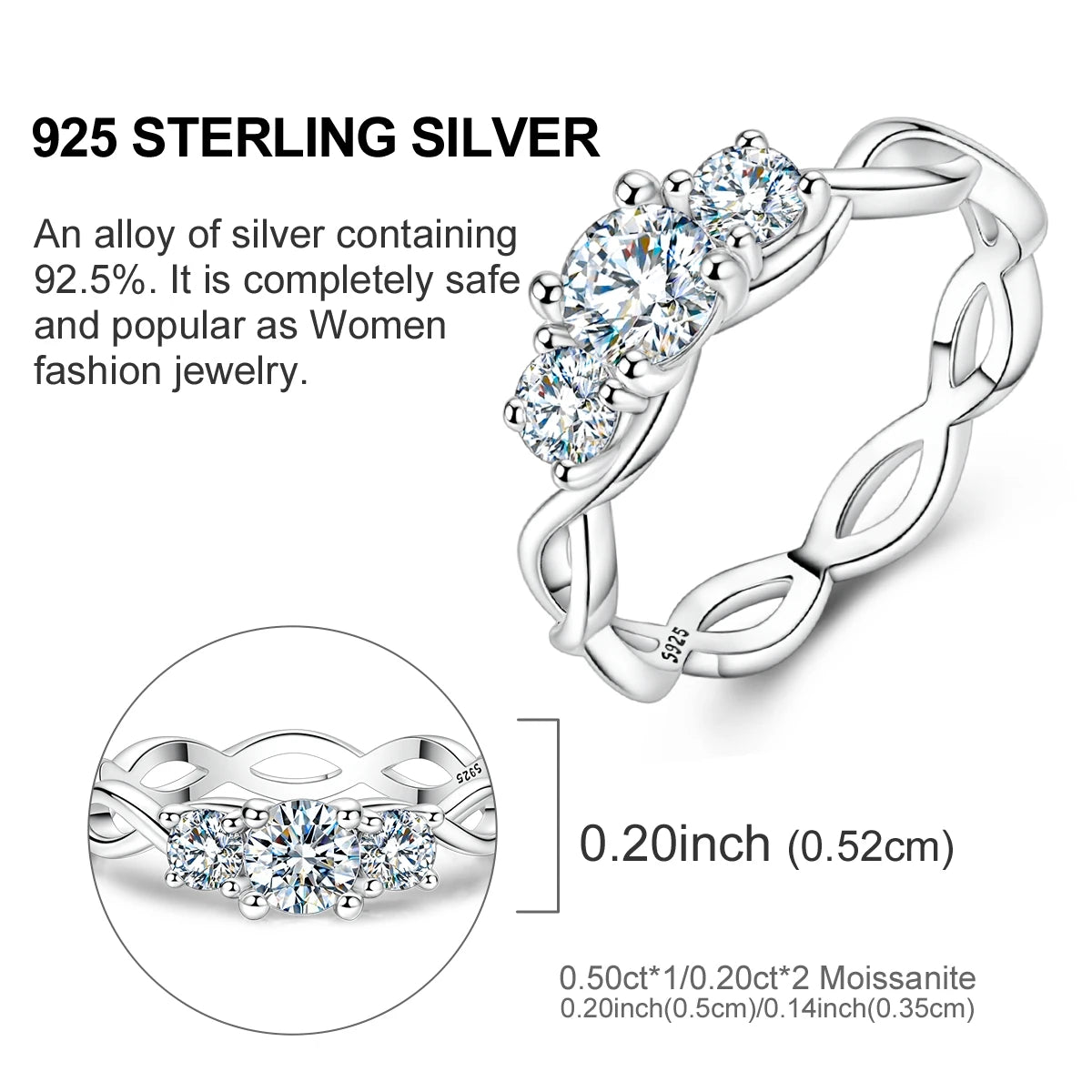 Eleganter Moissanit Ring, 925er Sterlingsilber, Geflochtene Form