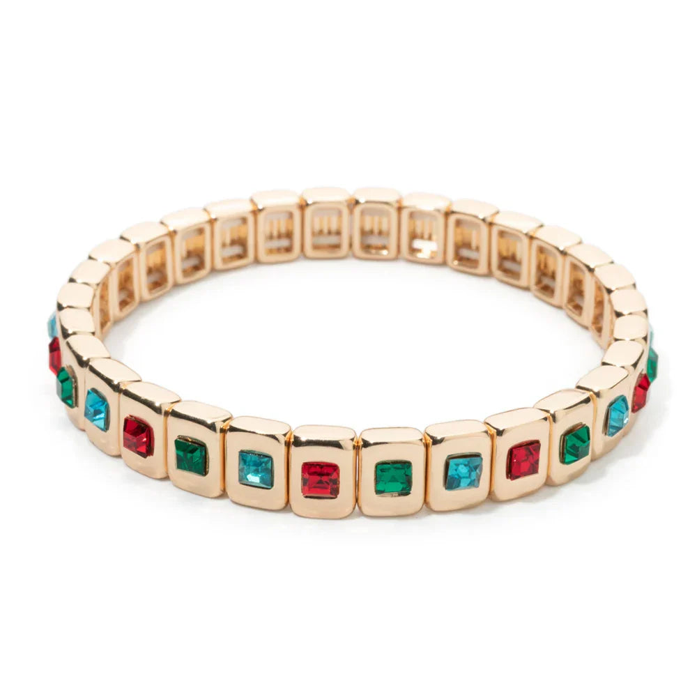 Goldene Stretch-Armbänder mit bunten Kristallen