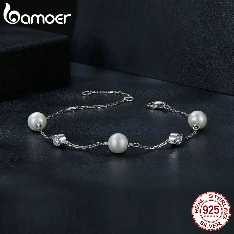 BAMOER Zartes Armband aus 925er Sterlingsilber mit Moissanit & Muschelperle
