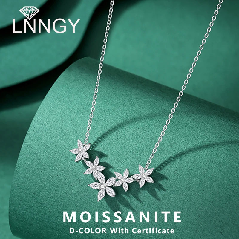 Lnngy Exquisite Moissanit-Diamant-Halskette aus 925er Sterlingsilber mit Blumenanhänger